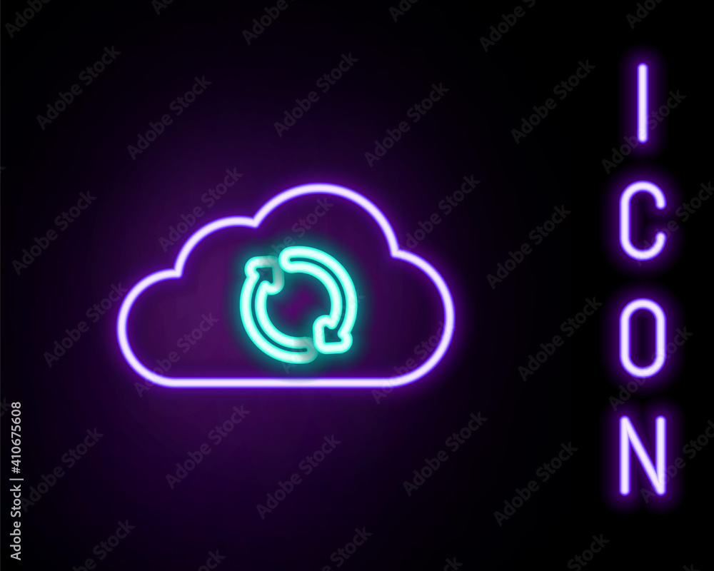 Glowing neon line Cloud sync refresh icon isolated on black background. Cloud and arrows. Colorful outline concept. Vector. Glowing neon line Cloud sync refresh icon isolated on black background. Cloud and arrows. Colorful outline concept. Vector.