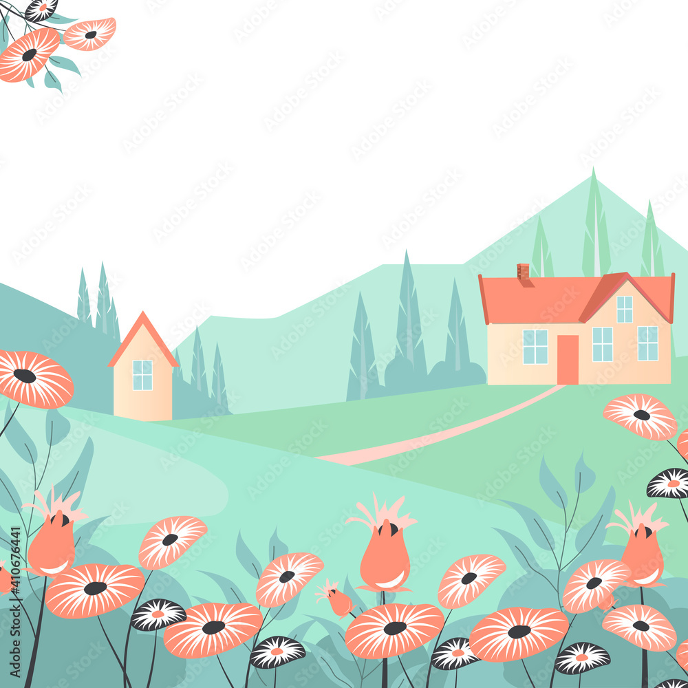 Naklejka premium Vector flat illustration of nature with a house.