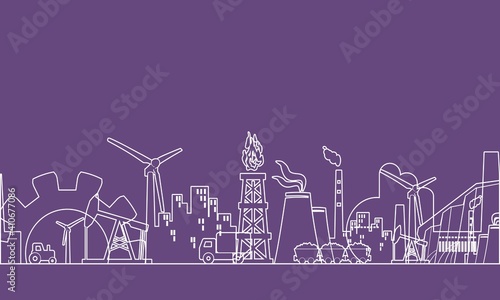 Concept of industrial plant and manufacture building. Energy and power icons set. Energy generation and heavy industry. Modern brochure, report or cover design template. Thin lines style