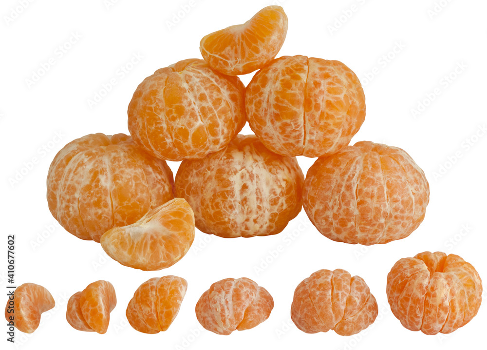 Peeled tangerines and slices isolated on white background Peeled tangerines and slices isolated on white background