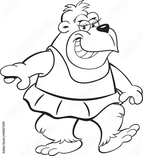 Black and white illustration of a happy gorilla wearing a ballet tutu while dancing.