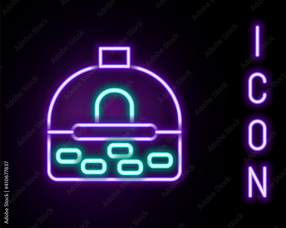 Glowing neon line Brick stove icon isolated on black background. Brick fireplace, masonry stove, stone oven icon.Colorful outline concept. Vector. Glowing neon line Brick stove icon isolated on black background. Brick fireplace, masonry stove, stone oven icon.Colorful outline concept. Vector.