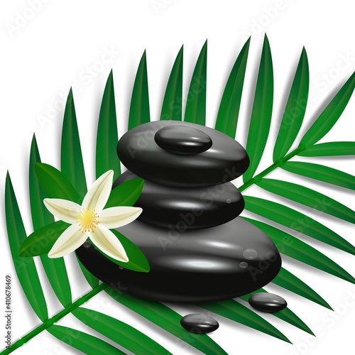 Vector realistic stones on a white background. Pebbles with plumeria flowers. Template for spa salon, cosmetics, massage advertising, decoration design.
