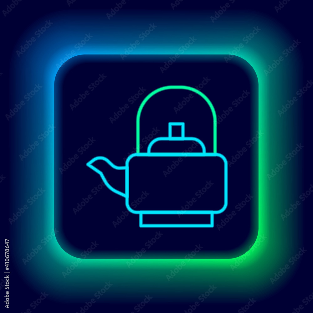 Glowing neon line Kettle with handle icon isolated on black background. Teapot icon. Colorful outline concept. Vector. Glowing neon line Kettle with handle icon isolated on black background. Teapot icon. Colorful outline concept. Vector.