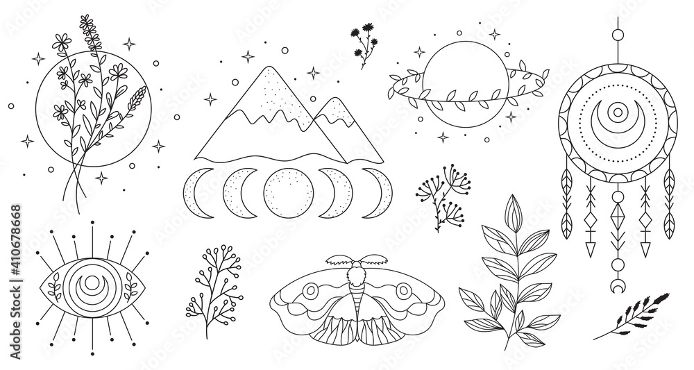 Vector hand drawn boho elements with cute moth, moon, wreath, branches, dream catcher