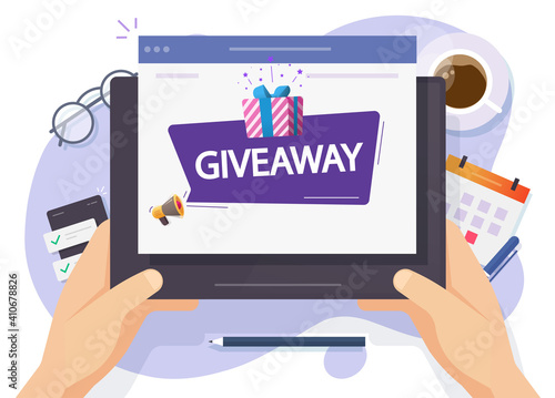 Digital giveaway text bubble speech on blogger internet web page and tablet screen vector flat cartoon illustration, free online gift contest marketing technology, promotion event announcement message