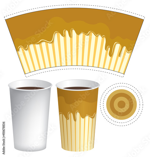Vector paper Cup template for hot drinks. Disposable cup for tea, coffee and other beverages with appetizing current caramel, beige dripping glaze or flowing down coffee on a striped background