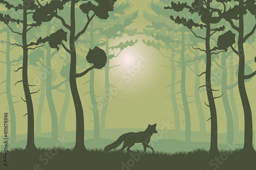 trees plants and fox in green forest landscape scene