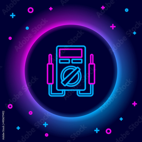 Glowing neon line Ampere meter, multimeter, voltmeter icon isolated on black background. Instruments for measurement of electric current. Colorful outline concept. Vector.
