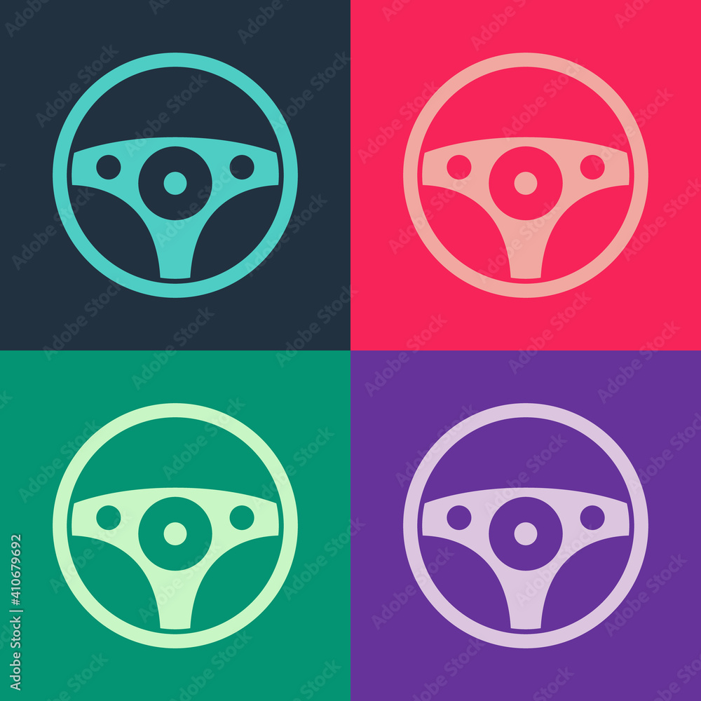Pop art Steering wheel icon isolated on color background. Car wheel icon. Vector.