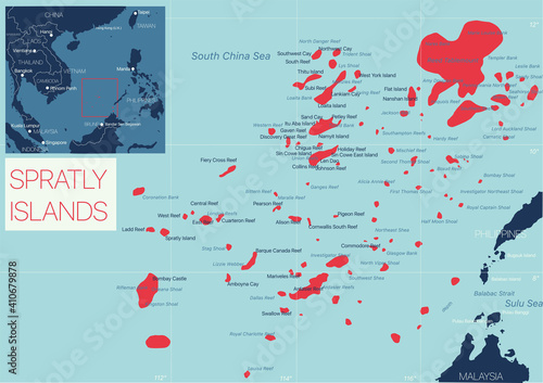 Spratly Island detailed editable map with cities and towns. Vector EPS-10 file