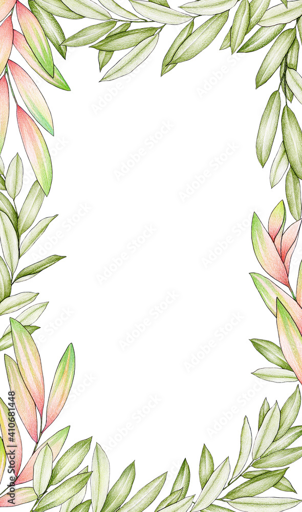 Hand drawn frame border with pink and green leaves on white background