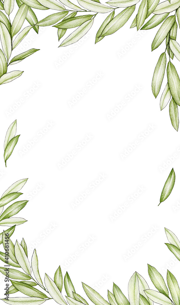 Rectangular frame with green pastel leaves on white background