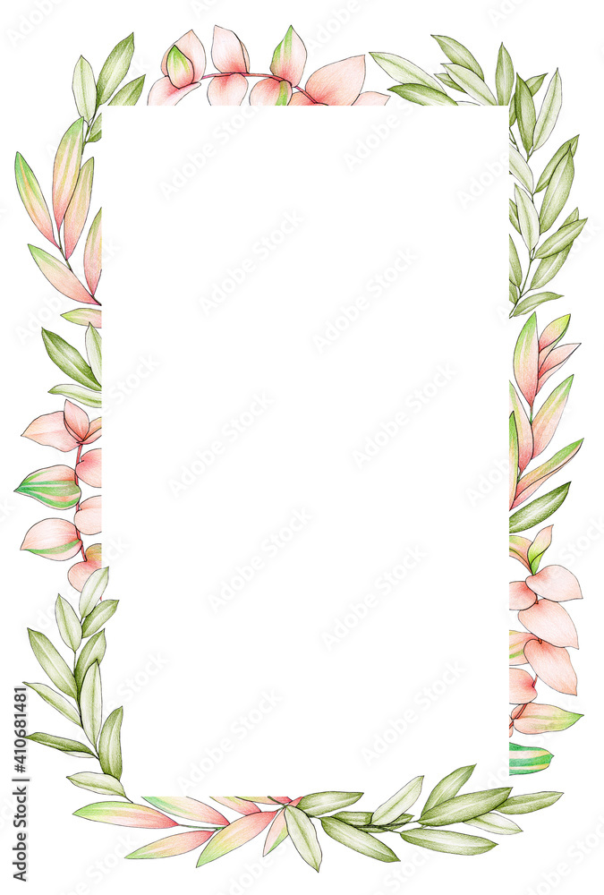 Hand drawn frame border with pink and green leaves on white background