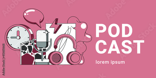 Media tools, earphones and mic doodle icon. Sound recording equipment, broadcasting facilities. Podcast studio items, microphone and headphones isolated color drawing