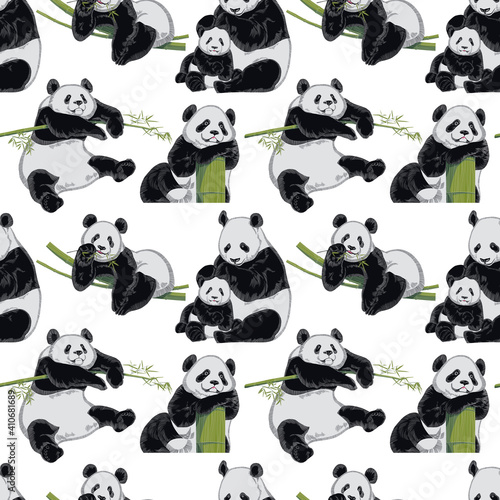 Fototapeta Naklejka Na Ścianę i Meble -  Seamless pattern with cute panda bears and bamboo branches