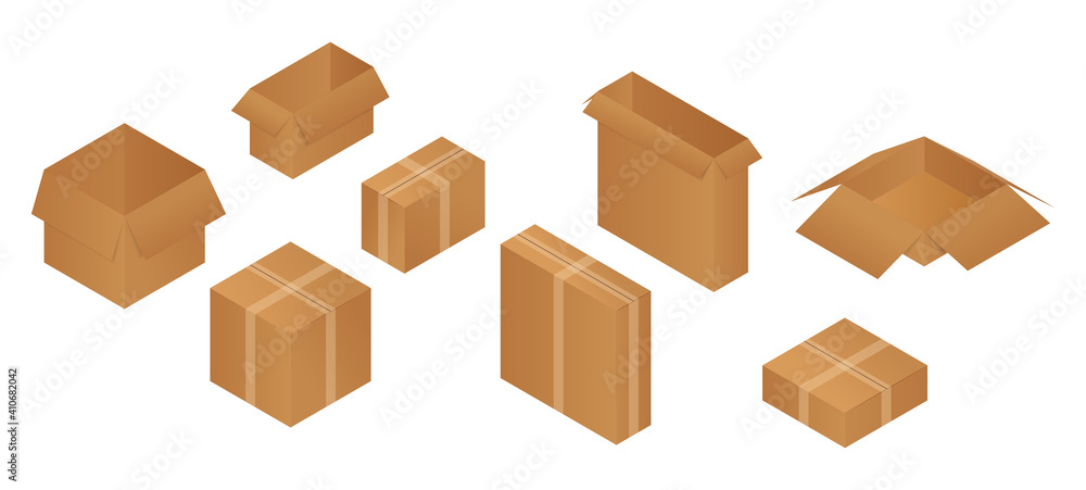 Isometric carton packaging opened and closed box set of different size. Vector illustration isolated on white. Isometric carton packaging opened and closed box set of different size. Vector illustration isolated on white.