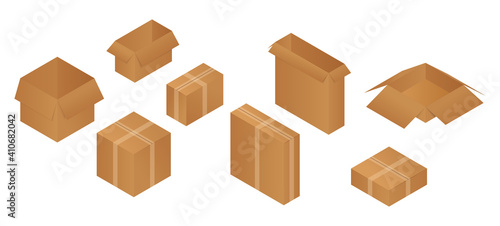 Isometric carton packaging opened and closed box set of different size. Vector illustration isolated on white.