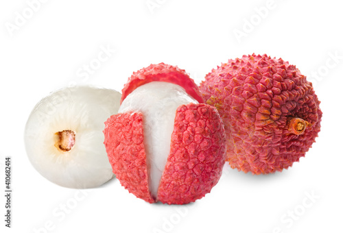 Fresh ripe lychee fruits on white background