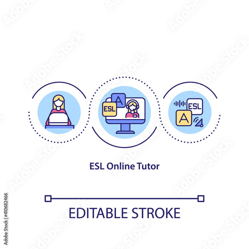 ESL online tutor concept icon. Distance education. idea thin line illustration. Online teaching . Online tutors benefits. Vector isolated outline RGB color drawing. Editable stroke