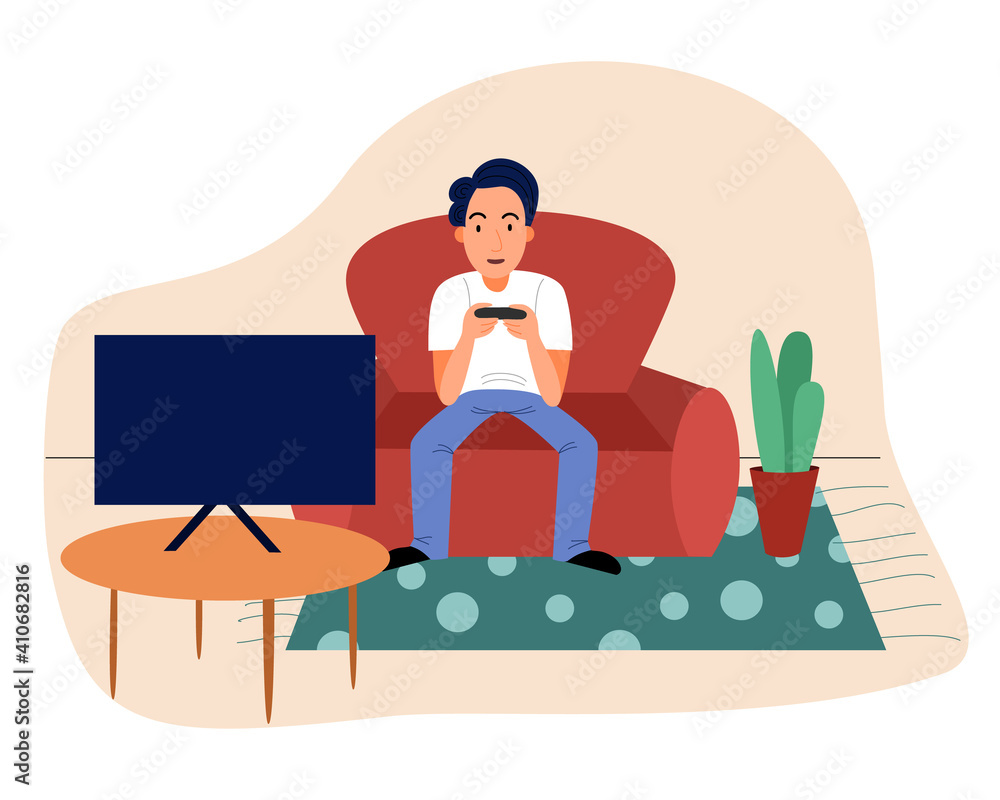 A young man plays a Playstation game, TV. The rest of the house. Stay At Home, Quarantine.Positive Cheerful. Flat Vector Illustration A young man plays a Playstation game, TV. The rest of the house. Stay At Home, Quarantine.Positive Cheerful. Flat Vector Illustration