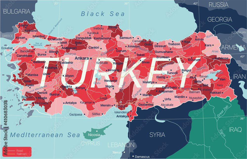 Turkey country detailed editable map with regions cities and towns