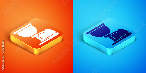 Isometric Holy grail or chalice icon isolated on orange and blue background. Christian chalice. Christianity icon. Vector.