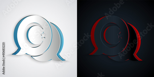 Paper cut Star and crescent - symbol of Islam icon isolated on grey and black background. Religion symbol. Paper art style. Vector.