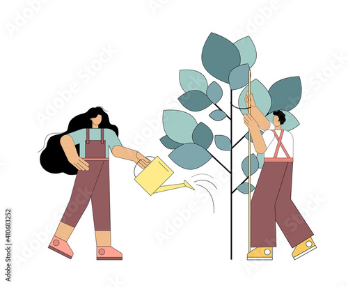 People tend to the trees. Earth Day. Environmental Protection. Vector illustration isolated on white background.