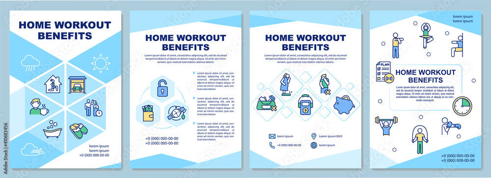 Home workout benefits brochure template. Home exercising advantages. Flyer, booklet, leaflet print, cover design with linear icons. Vector layouts for magazines, annual reports, advertising posters