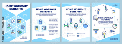 Home workout benefits brochure template. Home exercising advantages. Flyer, booklet, leaflet print, cover design with linear icons. Vector layouts for magazines, annual reports, advertising posters