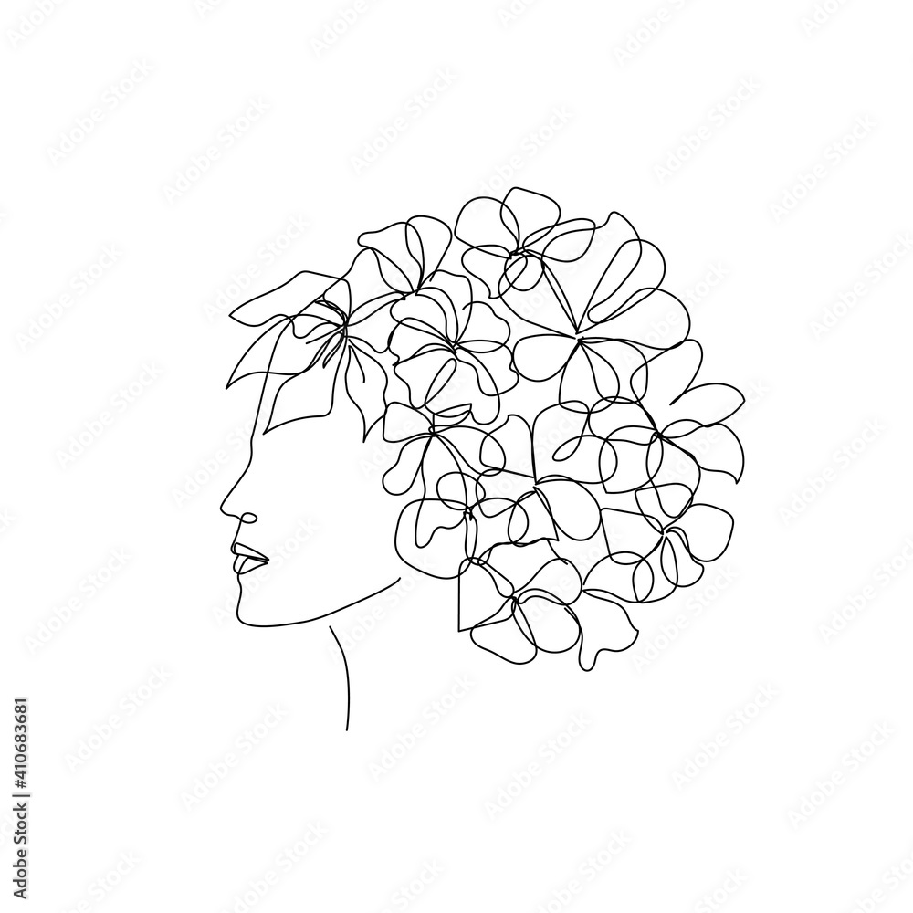 Woman Head with Flowers One Line Drawing. Continuous Line Woman and Flowers. Abstract Contemporary Design Template for Covers, t-Shirt Print, Postcard, Banner etc. Vector EPS 10.