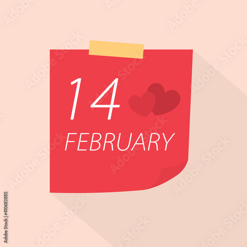reminder paper note with Valentine's Day, 14 february date- vector illustration