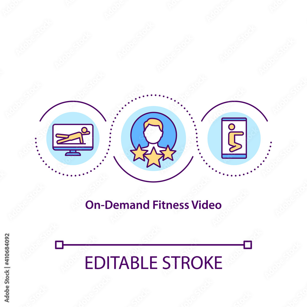 On demand fitness video concept icon. Provides seamless and premium fitness experiences. Workout plans idea thin line illustration. Vector isolated outline RGB color drawing. Editable stroke