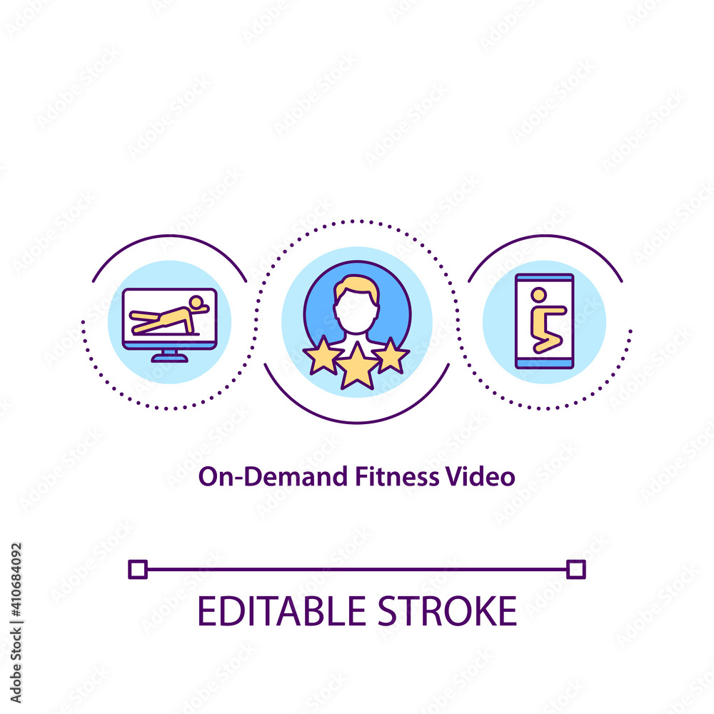 On demand fitness video concept icon. Provides seamless and premium fitness experiences. Workout plans idea thin line illustration. Vector isolated outline RGB color drawing. Editable stroke On demand fitness video concept icon. Provides seamless and premium fitness experiences. Workout plans idea thin line illustration. Vector isolated outline RGB color drawing. Editable stroke