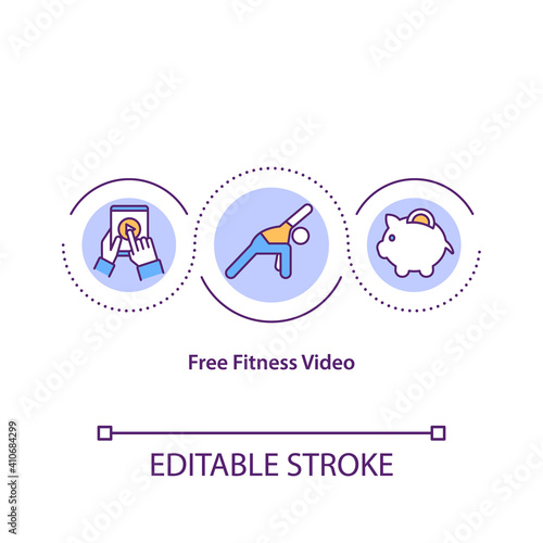 Free fitness video concept icon. Getting trial training program part for testing. Remote workout classes idea thin line illustration. Vector isolated outline RGB color drawing. Editable stroke