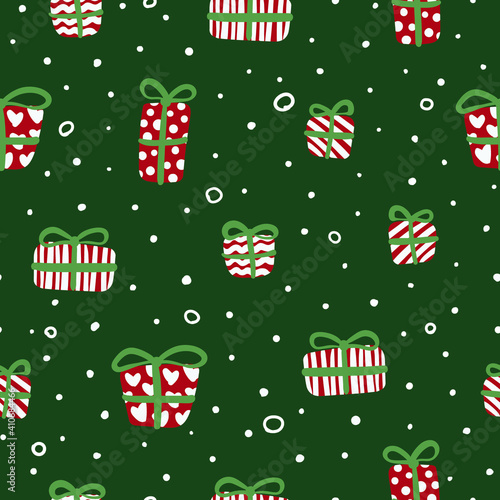 Green seamless pattern with christmas gifts