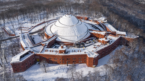 Fototapeta Naklejka Na Ścianę i Meble -  Aerial view of Kosciuszko Mound in Krakow during winter, Poland