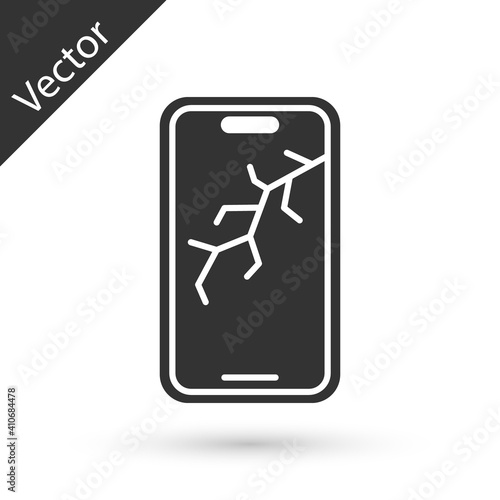 Grey Smartphone with broken screen icon isolated on white background. Shattered phone screen icon. Vector.