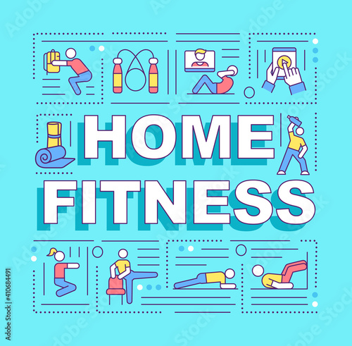 Home fitness word concepts banner. Workout programs to train while tou are at home. Infographics with linear icons on blue background. Isolated typography. Vector outline RGB color illustration