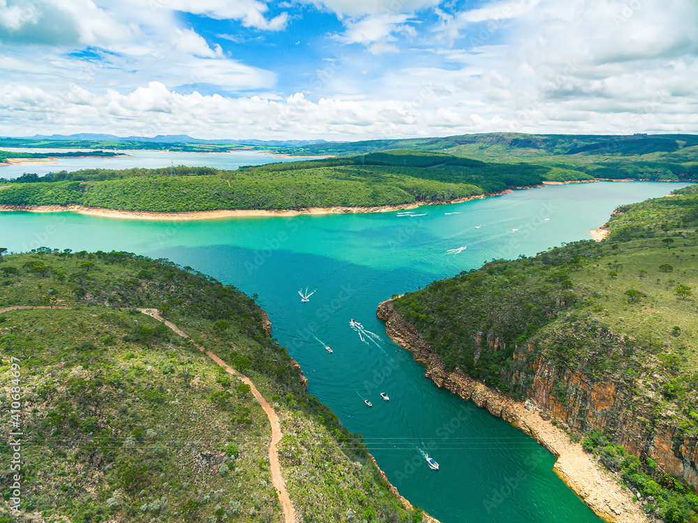 Aerial panoramic view at the Canyons of Furnas, boat rides and the Sea of Mines at Capitólio - MG, Brazil. Brazilian tourist destination. 
