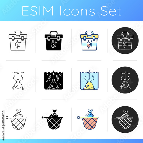 Fishing equipment icons set. Fishing lounger chair. cooking freshly caught fish. Fish finder, tools. Fishing tournament. Linear, black and RGB color styles. Isolated vector illustrations