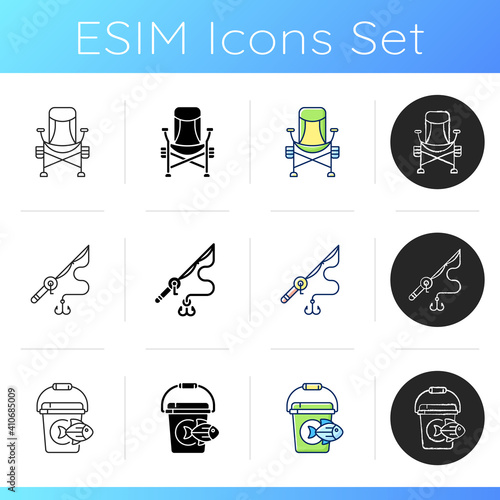 Tools for fishing icons set. Special fishers equipment. Hobby and leasure activity. Casting spinning. Rod with hooks. Linear, black and RGB color styles. Isolated vector illustrations