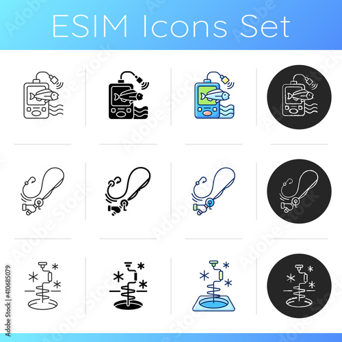 Wade fishing icons set. Fishing spot. Portative cooler. Spinninga casting. Fisher in water. Special fisherman clothing. Linear, black and RGB color styles. Isolated vector illustrations