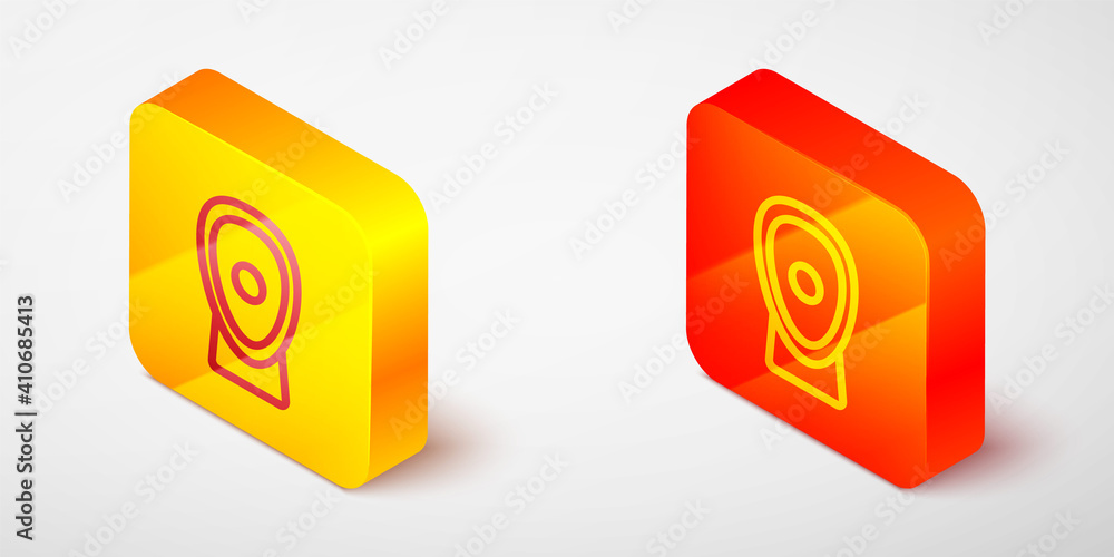 Isometric line Boxing training paws icon isolated on grey background. Yellow and orange square button. Vector. Isometric line Boxing training paws icon isolated on grey background. Yellow and orange square button. Vector.