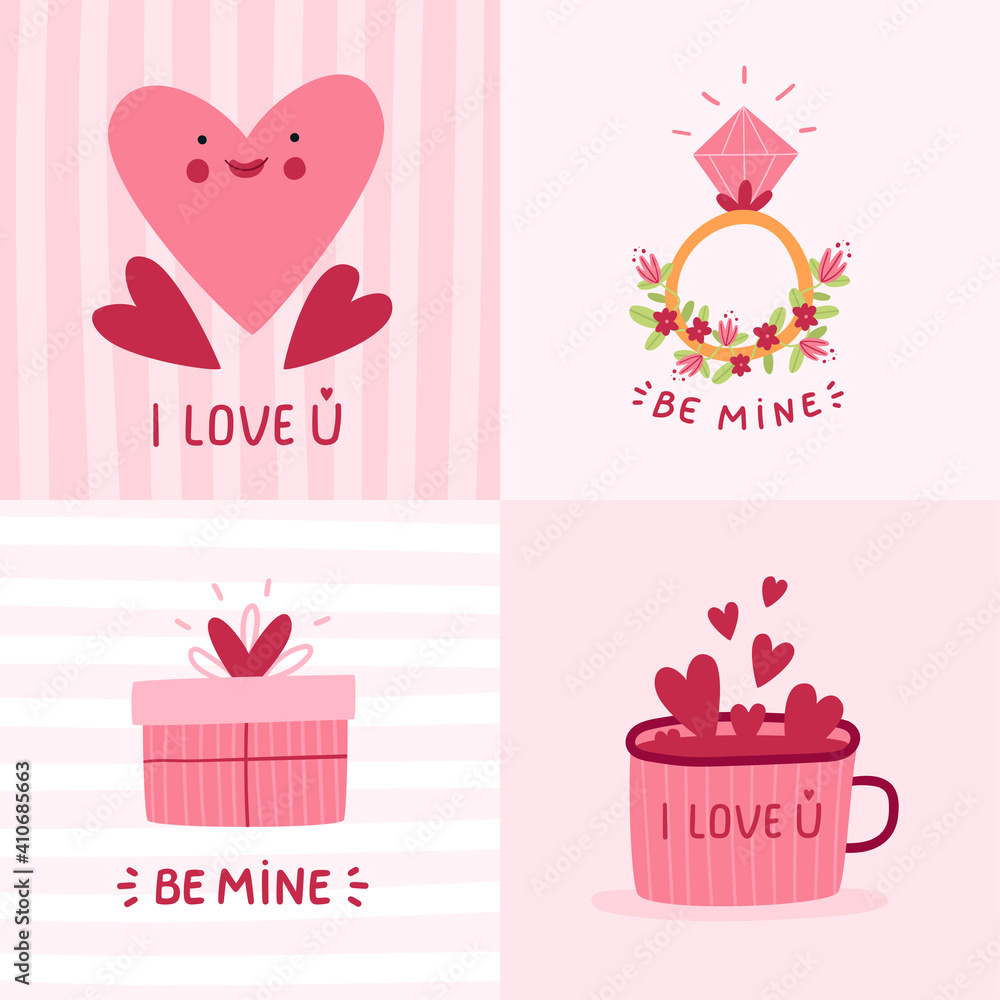 Set of cute, romantic Valentine's day card with Gift, hearts, cup and ring. Cartoon hand drawn vector illustration for card, invitation, poster. Set of cute, romantic Valentine's day card with Gift, hearts, cup and ring. Cartoon hand drawn vector illustration for card, invitation, poster.