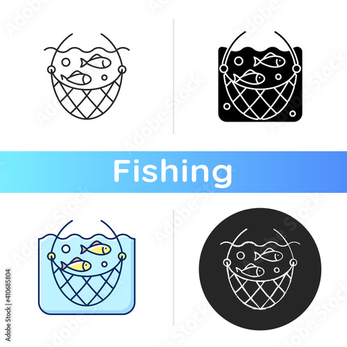 Fishing net icon. Commercial fishing gear. Harvesting of marine food. Fishing Gear. Hobby, leisure activities. Fish habitat. Industry. Linear black and RGB color styles. Isolated vector illustrations