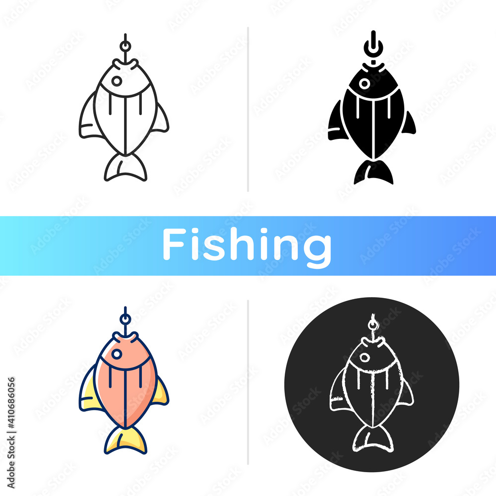 Fish on hook icon. Fishing tournament. Anglers trophy. Sea food restoration. Commercial fishing process. Active rest. Linear black and RGB color styles. Isolated vector illustrations Fish on hook icon. Fishing tournament. Anglers trophy. Sea food restoration. Commercial fishing process. Active rest. Linear black and RGB color styles. Isolated vector illustrations