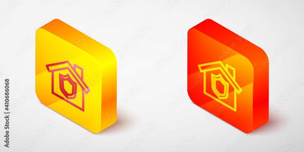 Isometric line House with shield icon isolated on grey background. Insurance concept. Security, safety, protection, protect concept. Yellow and orange square button. Vector.