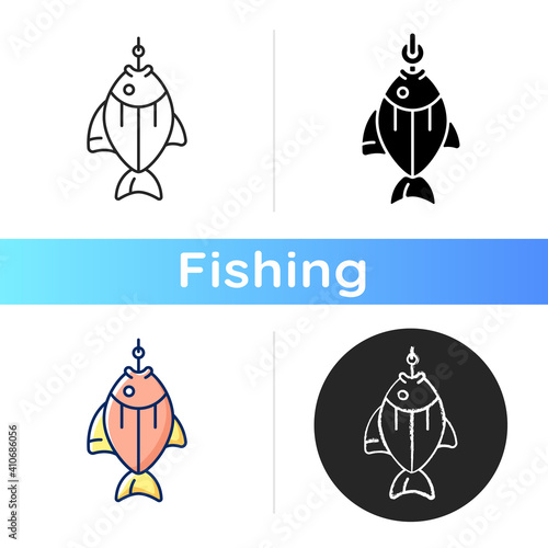 Fish on hook icon. Fishing tournament. Anglers trophy. Sea food restoration. Commercial fishing process. Active rest. Linear black and RGB color styles. Isolated vector illustrations
